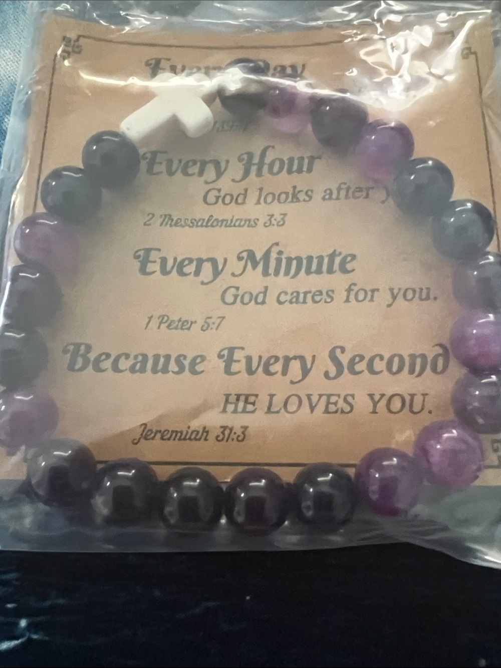 #2637**Purple Agate Bead Bracelet with White Cross Accent - Picture 17 of 17